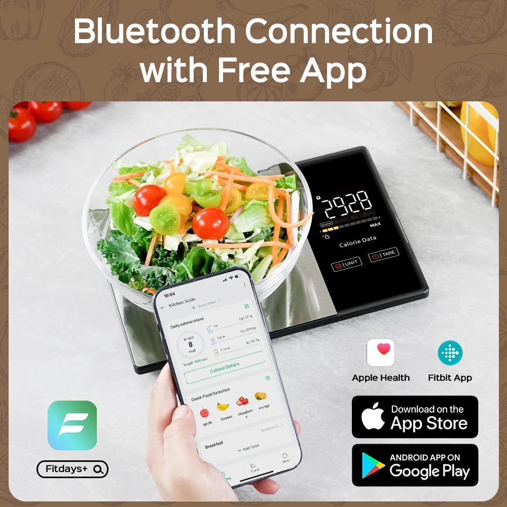 Smart Kitchen Scale Food Calorie Protein Fat Carbs Nutritional Calculator Scales, 11LB / 5kg Stainless Steel Kitchen Food Scale